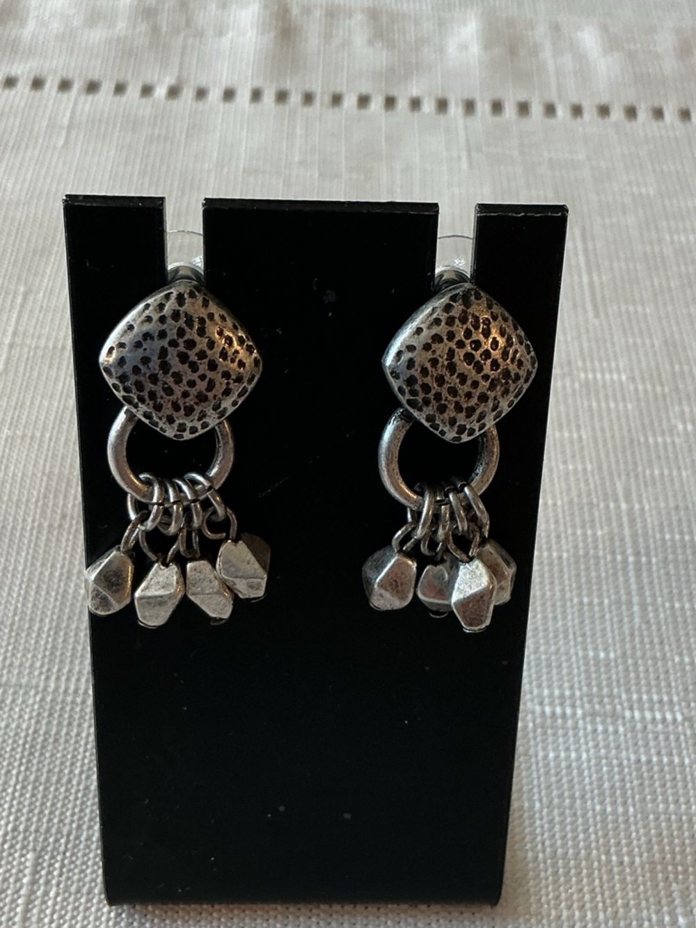 Diamond Shaped Oxidized Silver Tone Hanging Stud Earrings - Picture 2 of 3